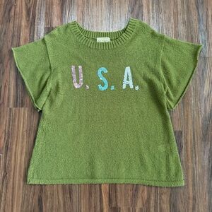Wildfox Women's M Green U.S.A. Sequin Short Roll Sleeve Crew Neck Indie Novelty